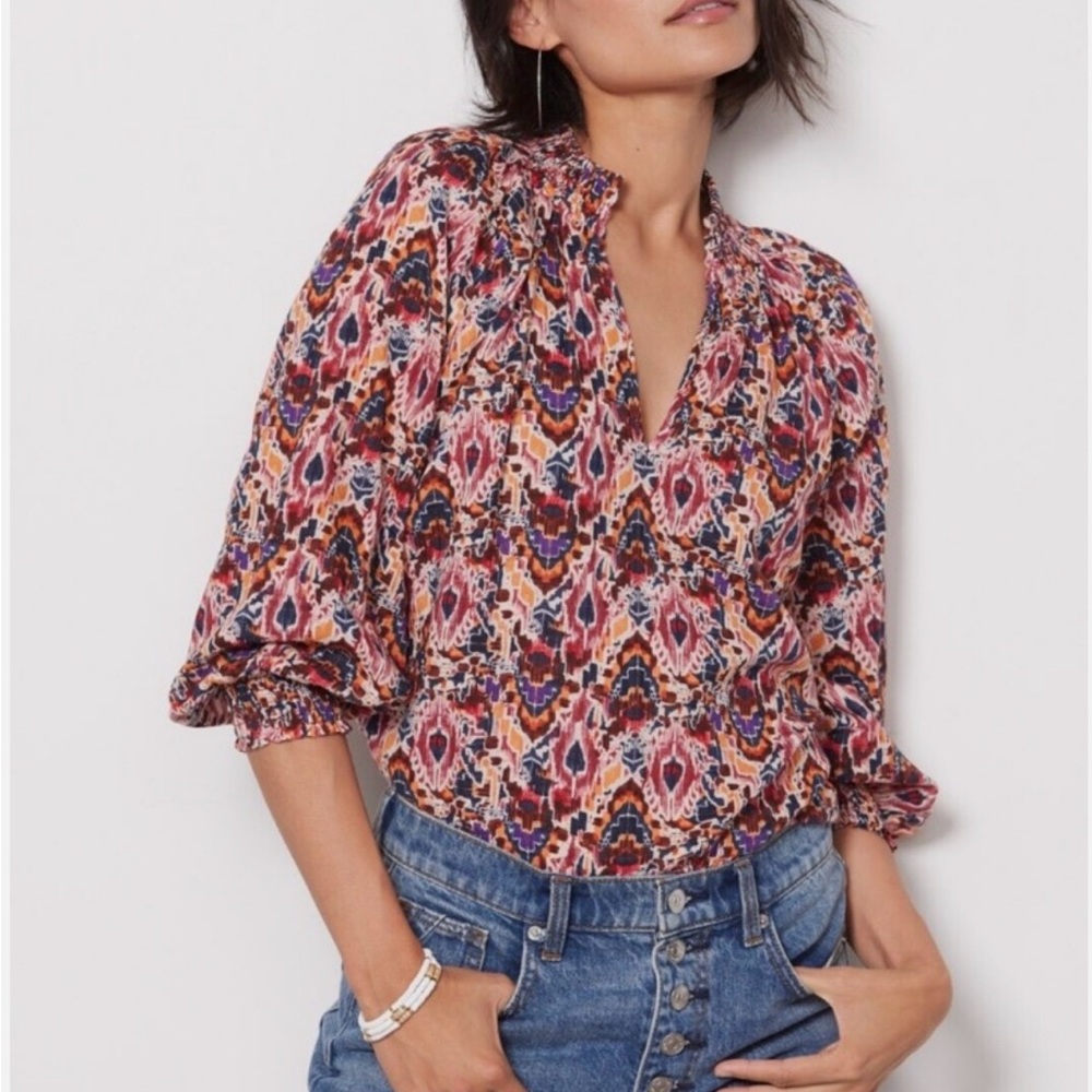 Evereve Colrful Ikat Split Neck Blouse